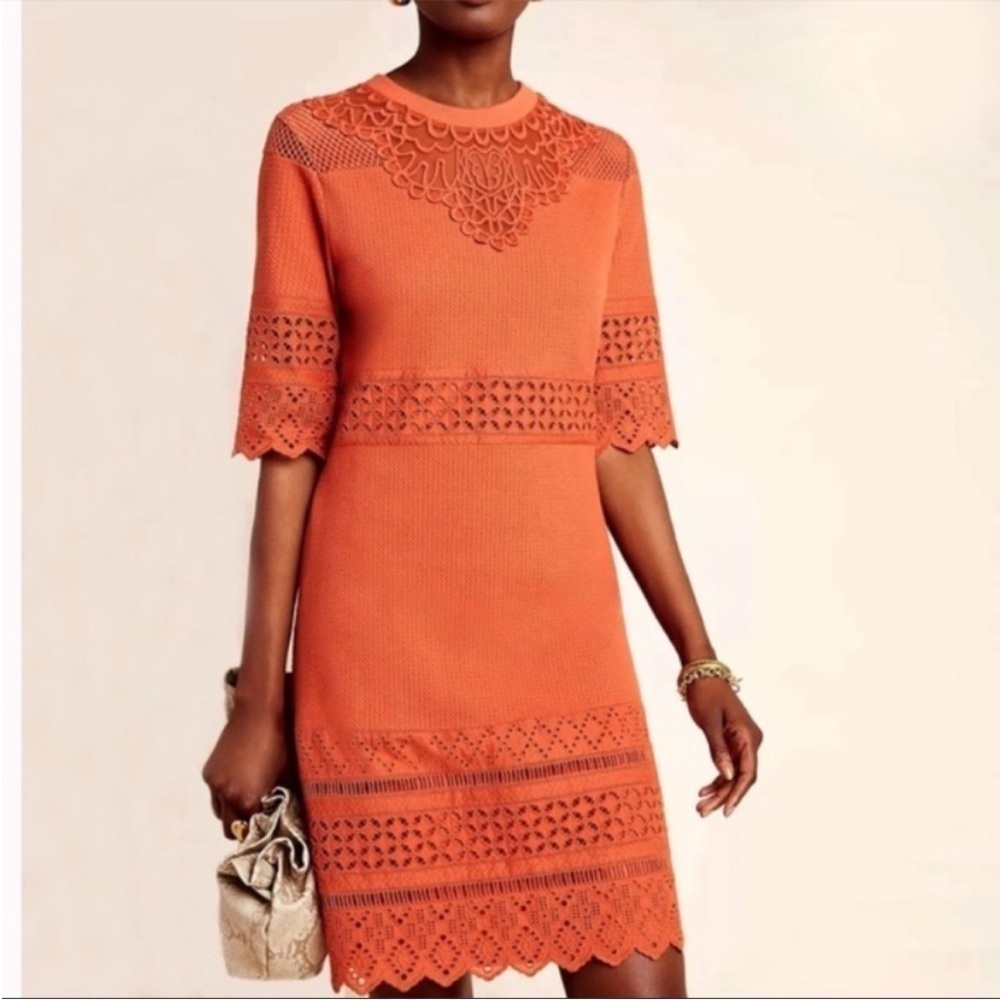 Anthropologie SMALL Aryessa Canelle Eyelet Sheath Dress in Pumpkin Orange lined